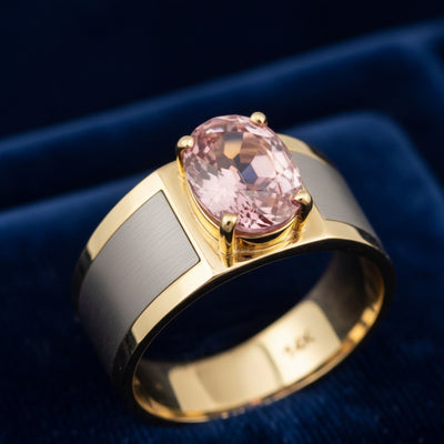 anillo de hombre de oro 14k con zircon rosa natural 1.41ct corte oval de Tanzania, joyería mexicana Gold Shield