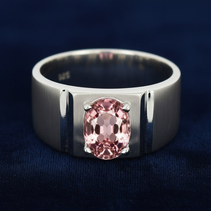 anillo de hombre de plata 925 con zircon rosa natural 1.41ct corte oval de Tanzania, joyería mexicana Gold Shield
