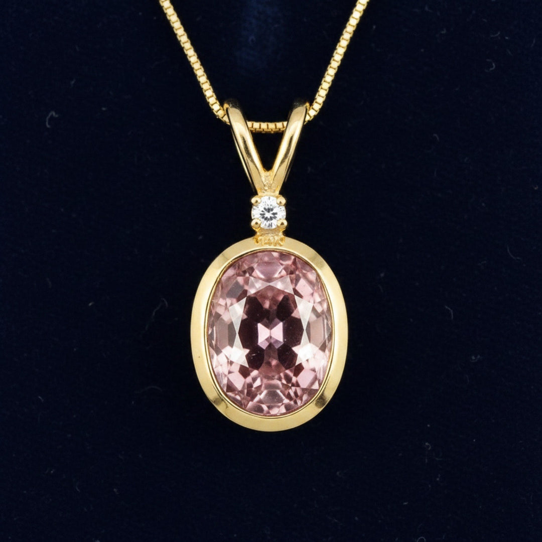 dije de oro 14k con zircon rosa natural 1.41ct corte oval de Tanzania, joyería mexicana Gold Shield