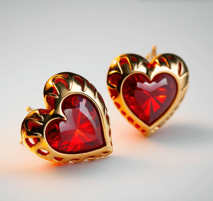 Render de aretes de oro en forma de corazón