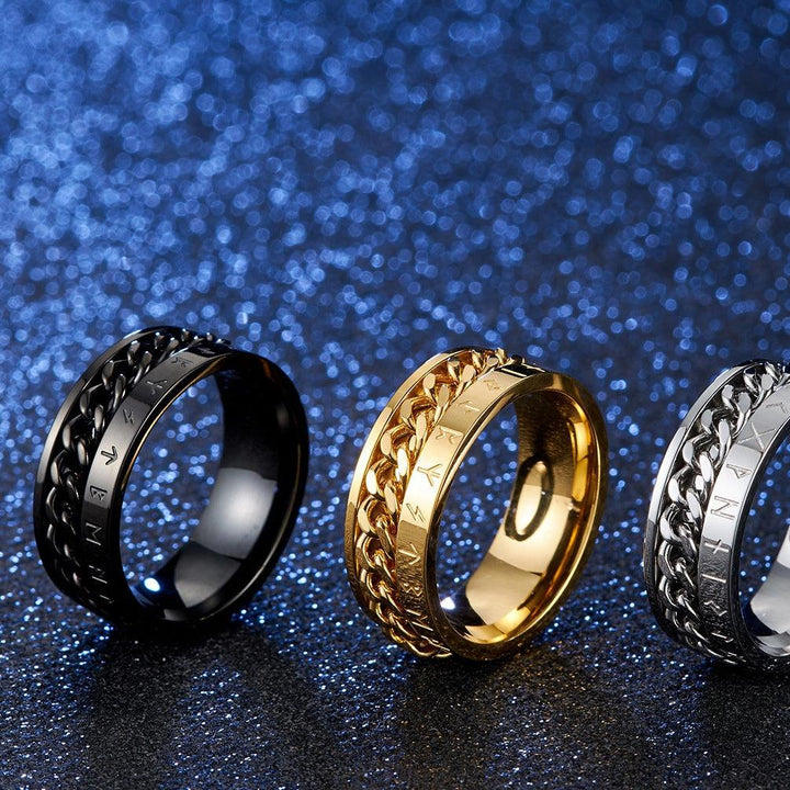 Anillos para Hombre de Acero Inoxidable con Runas Vikingas y Cadena Giratoria - GOLD SHIELD