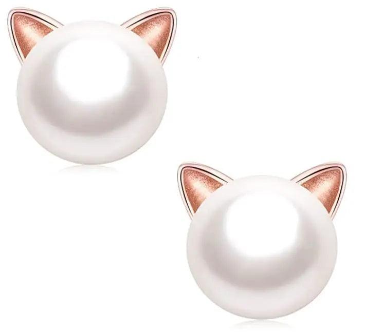 Aretes Gatito de Plata 925 y Perlas - GOLD SHIELD