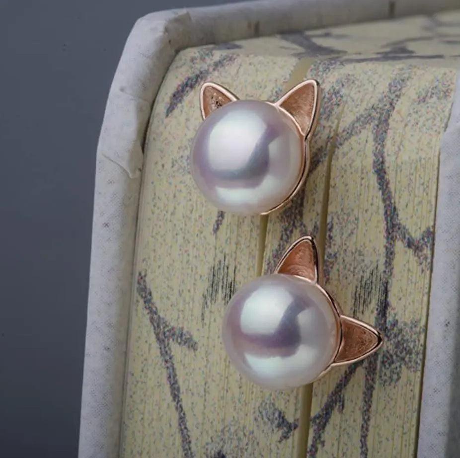 Aretes Gatito de Plata 925 y Perlas - GOLD SHIELD