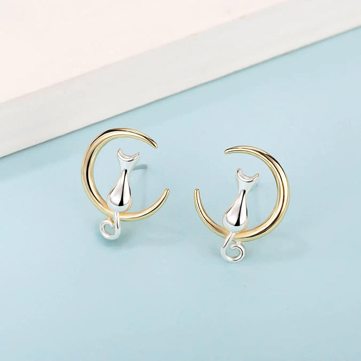 Aretes Gato Luna de Plata 925 - GOLD SHIELD