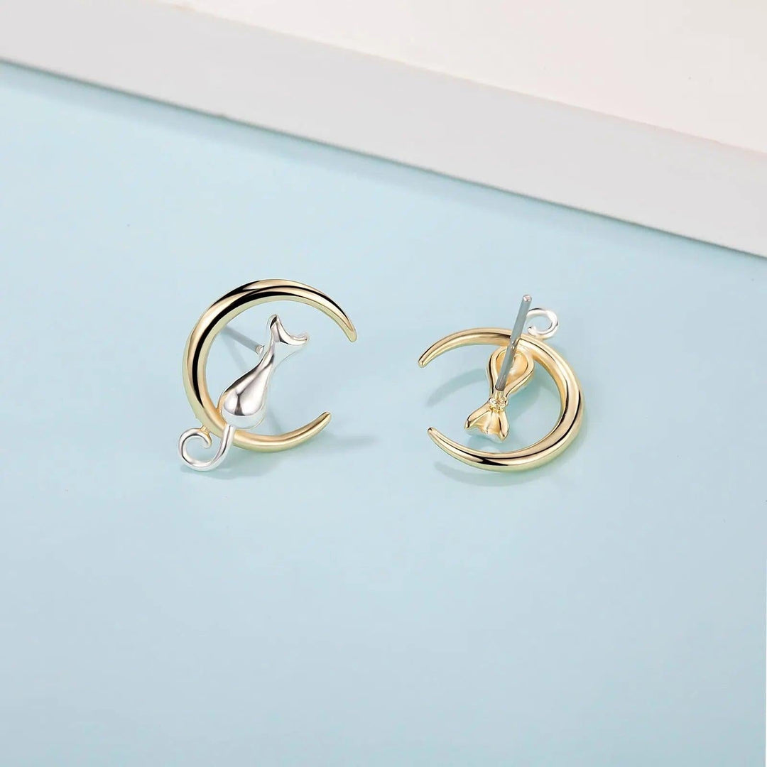 Aretes Gato Luna de Plata 925 - GOLD SHIELD