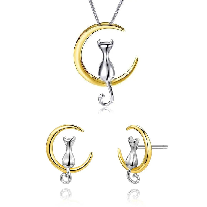 Set de Joyería 2 Piezas para Mujer de Plata 925 Gato Luna - GOLD SHIELD