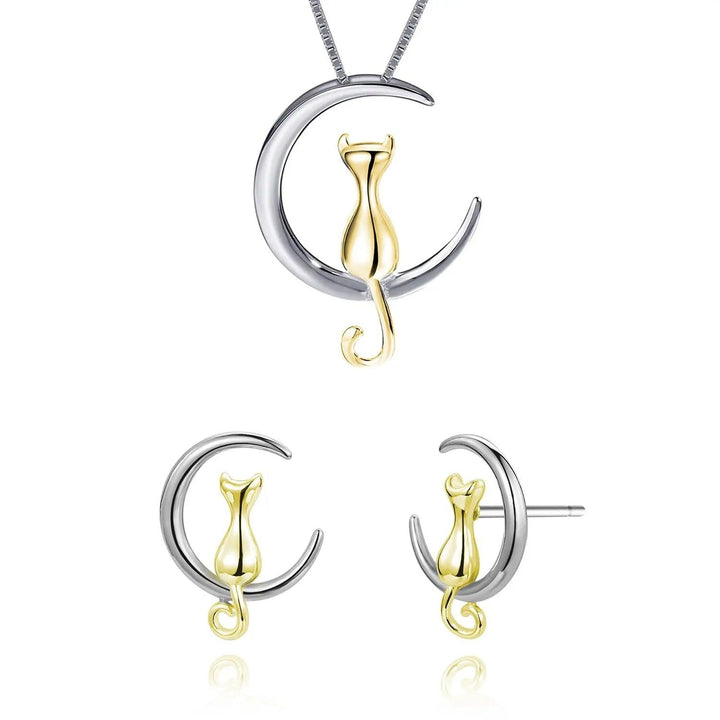 Set de Joyería 2 Piezas para Mujer de Plata 925 Gato Luna - GOLD SHIELD