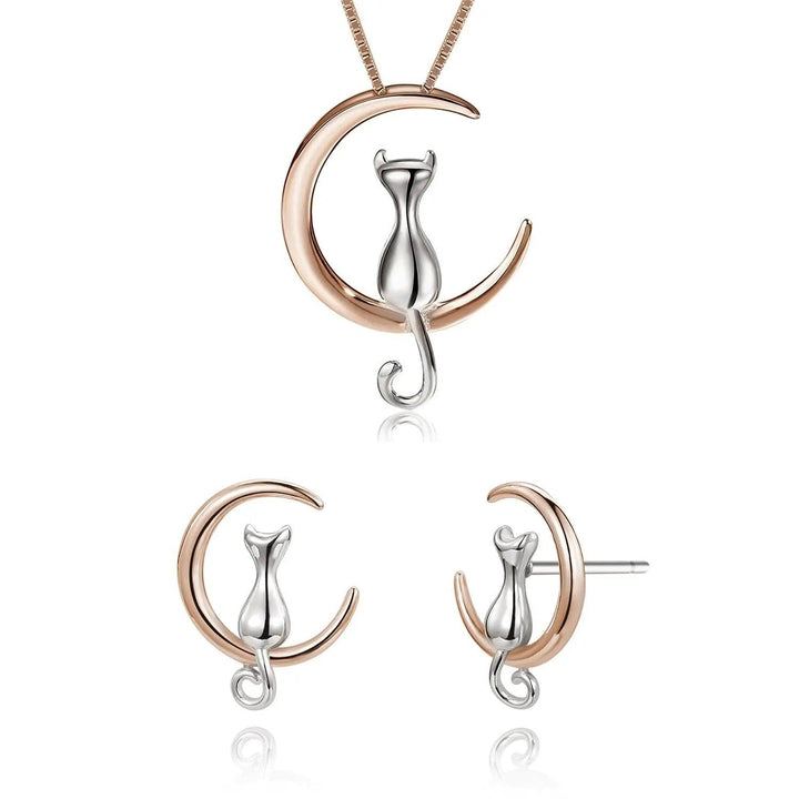 Set de Joyería 2 Piezas para Mujer de Plata 925 Gato Luna - GOLD SHIELD